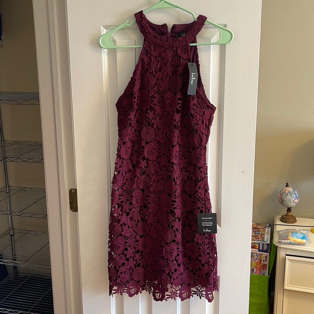 Love Poem Burgundy Lace Halter Mini Dress